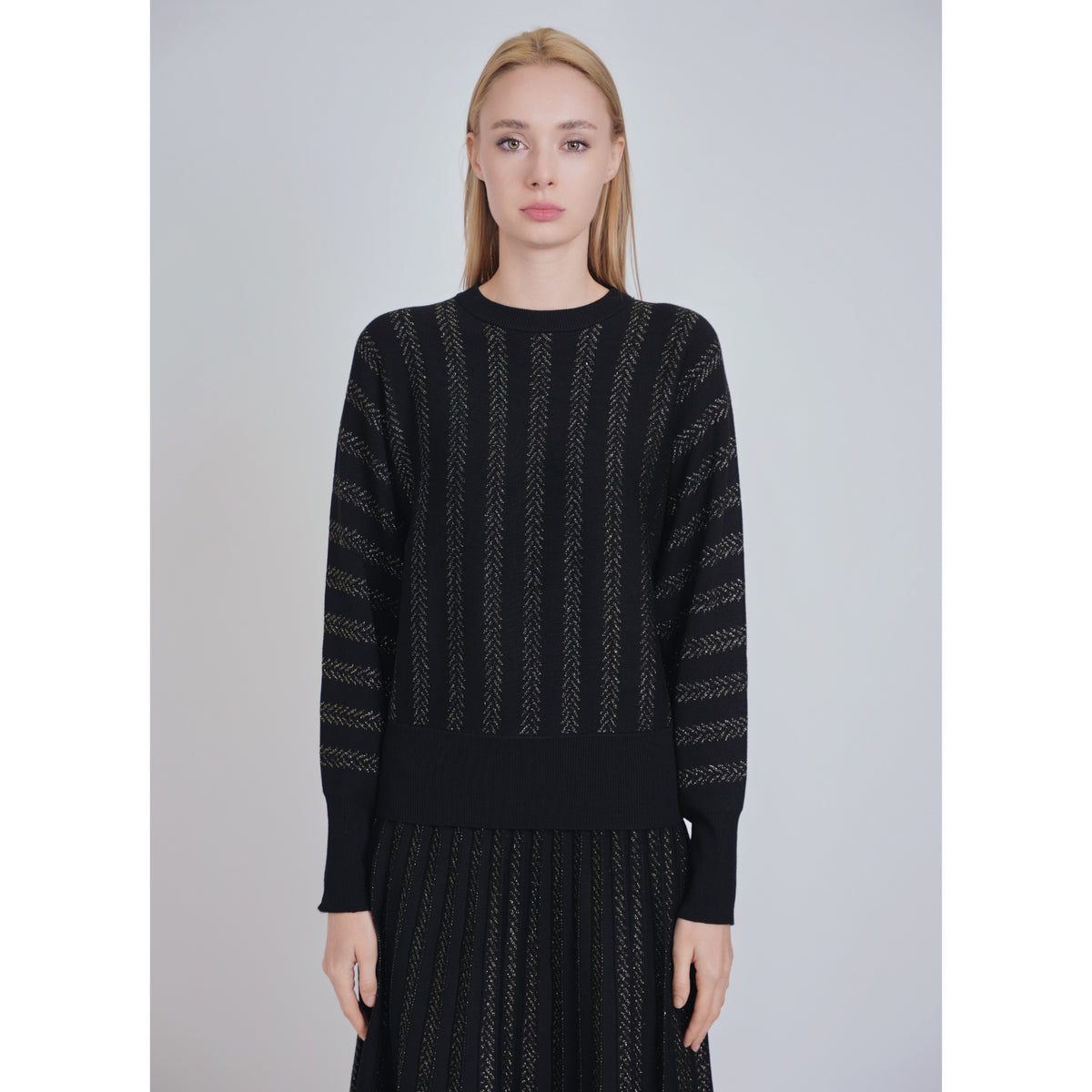 Black/Gold Drop Shoulder Shimmer Stitch Sweater Set by Yal