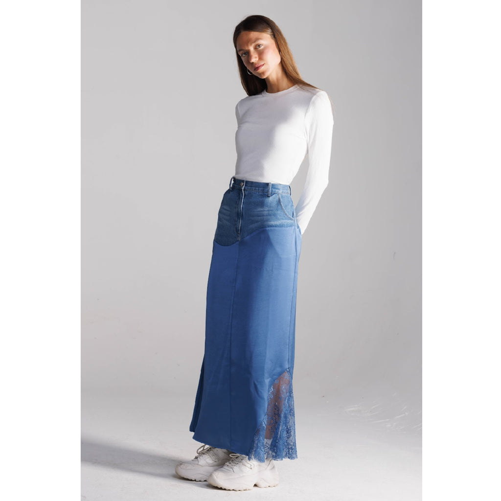 Blue Denim Satin Lace Skirt – The Mimi Boutique