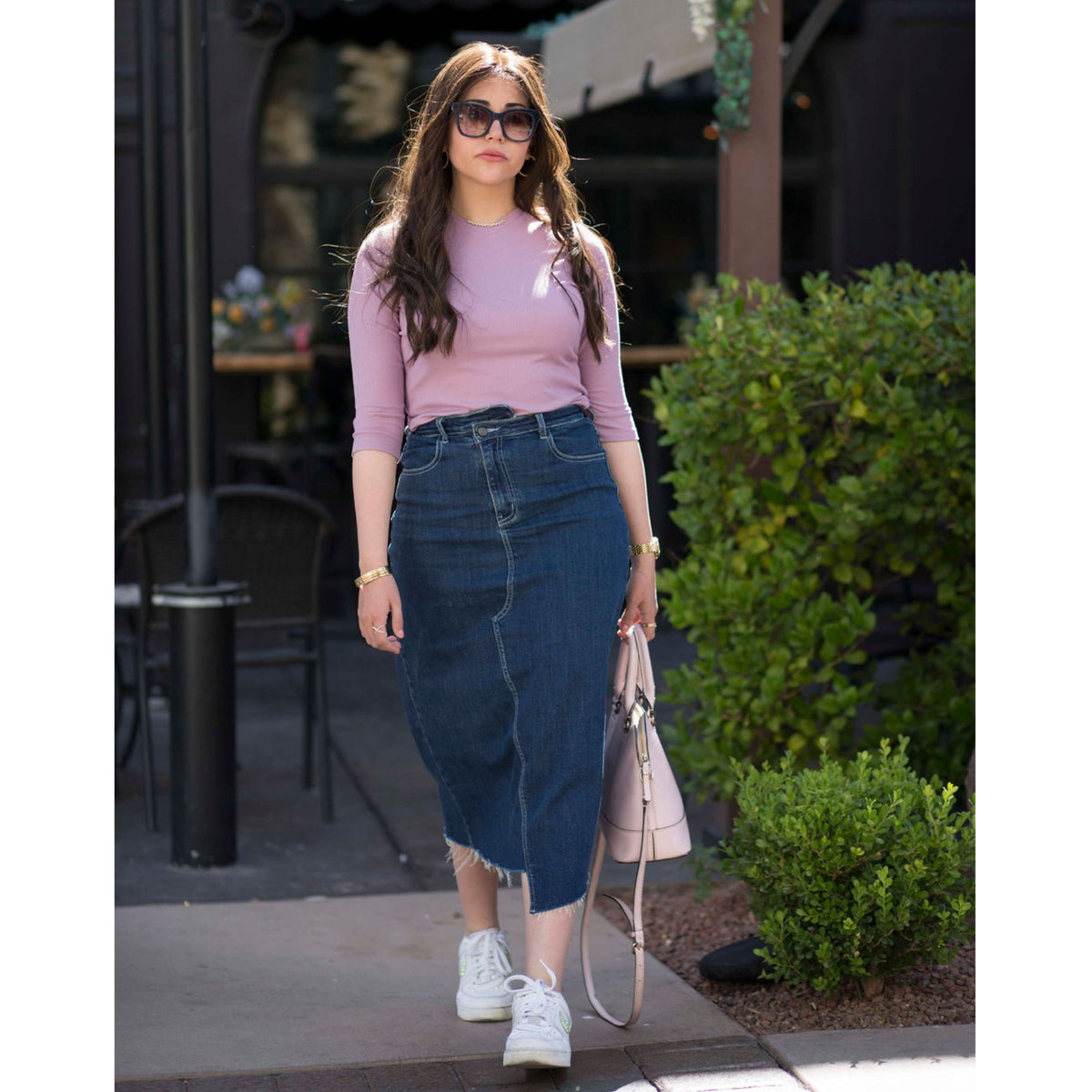 Crossover Blue Denim Midi Skirt by Adina LV