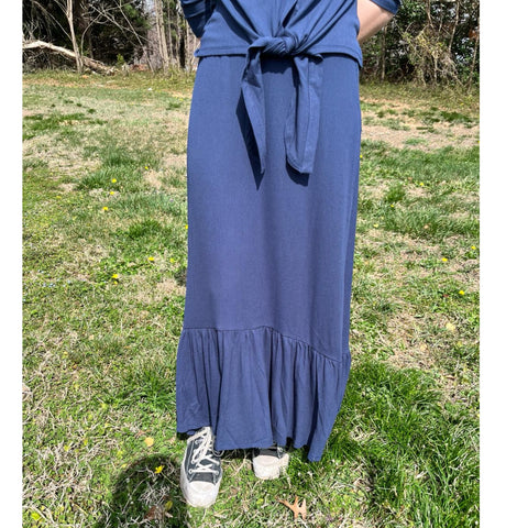 Micro Ribbed Low Ruffle Maxi Skirt Navy