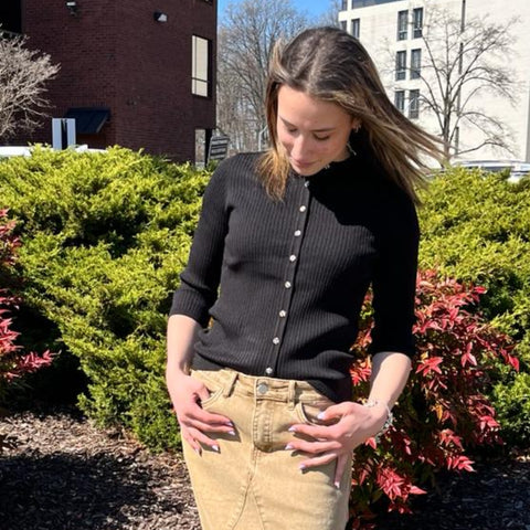 Plaid Button Crewneck Black