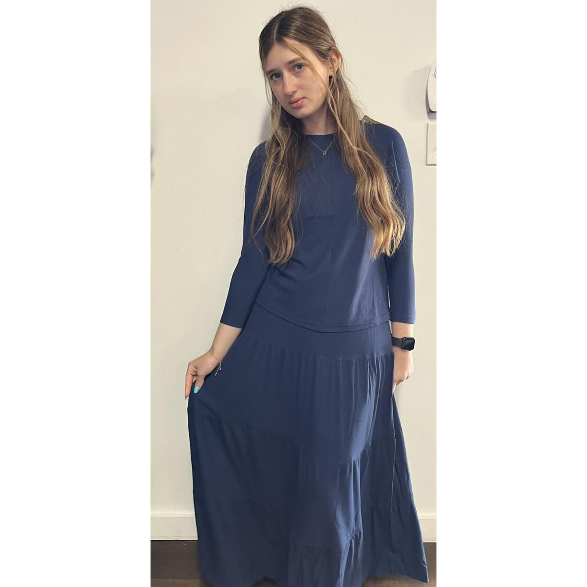 Navy Microribbed Tiered Maxi Skirt by Ivee