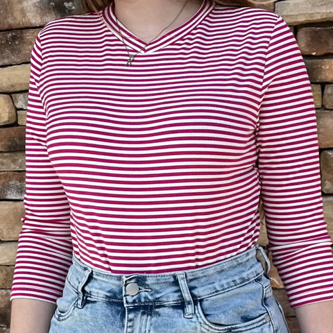Hot Pink V Neck Ribbed Stripe Tee
