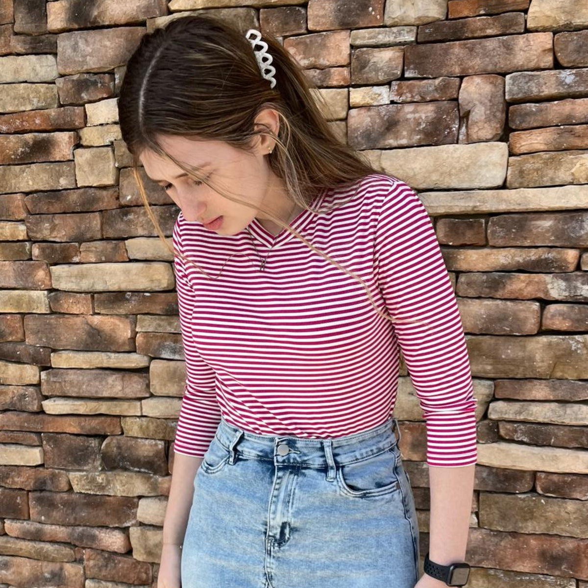 Hot Pink V Neck Ribbed Stripe Tee