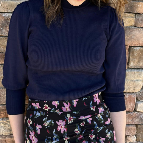 Navy Ribbed Puff Sleeve Top