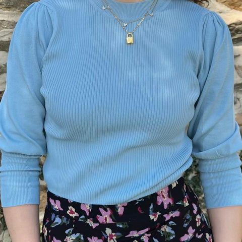 Light Blue Ribbed Puff Sleeve Top