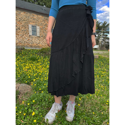 Microribbed Faux Wrap Skirt Black
