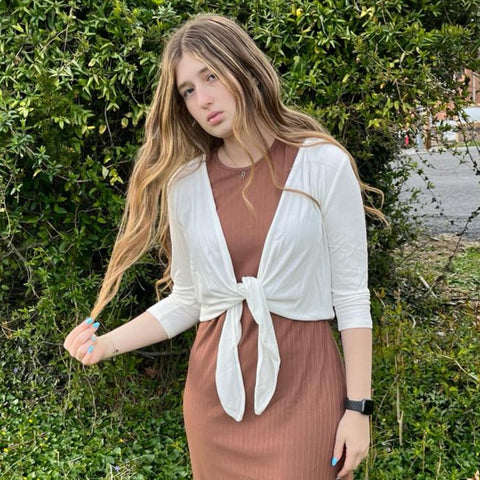 White Tie Front Microribbed Cardigan