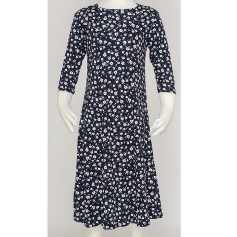 Navy Floral Ribbed Aline Dress Teen
