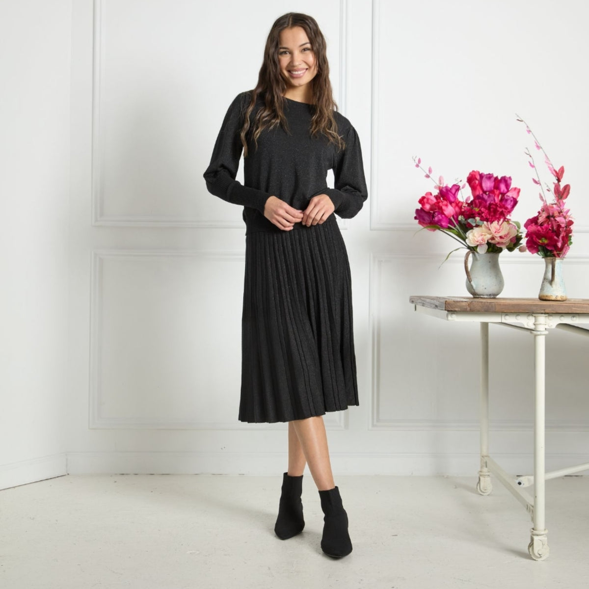 Plus Simone Knit Pleated Skirt 26" Black Lurex