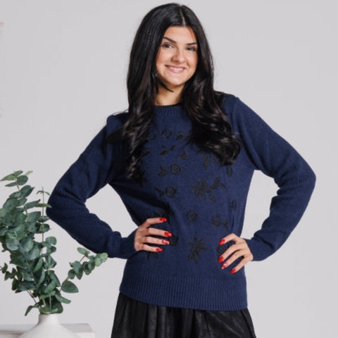 Embroidered Floral Sweater Blue