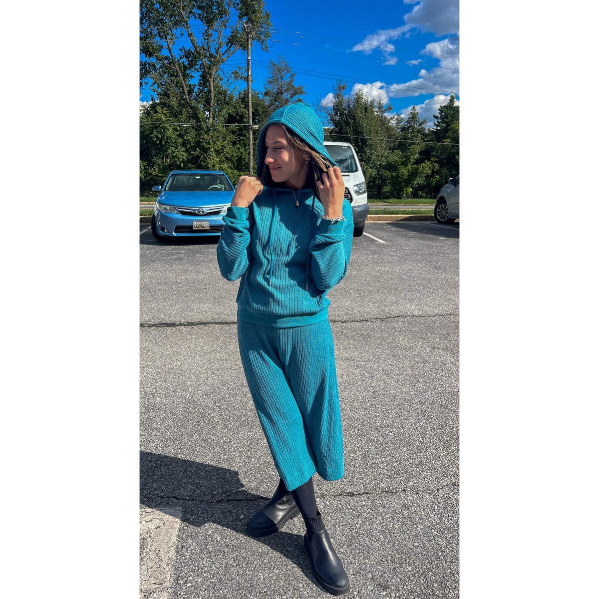 Smokey Blue Cable Hooded Top