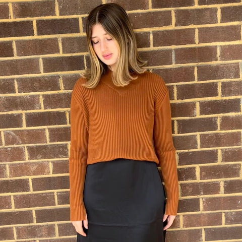 Cognac Wide Ribbed Collared Top