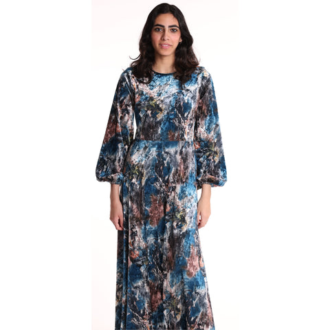 Blue Abstract Velvet Maxi Dress