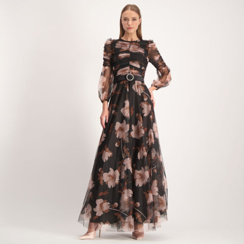 Ruched Mesh Neutral Floral Gown by Touch