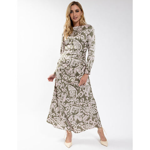 Side Ruched Leaf Printed Dress