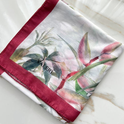 Botanical Red Border Small Open Square Headscarf by Valeri