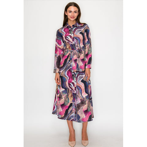 Watercolor Print Belted Dress