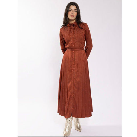 Printed Silky Pleated Dress Rust
