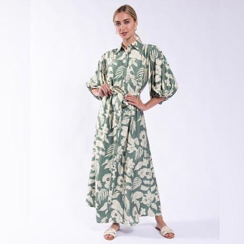 Green Floral Puff Sleeve Dress