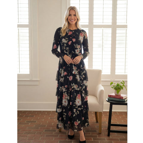 Aurora Dress Black Mauve Floral