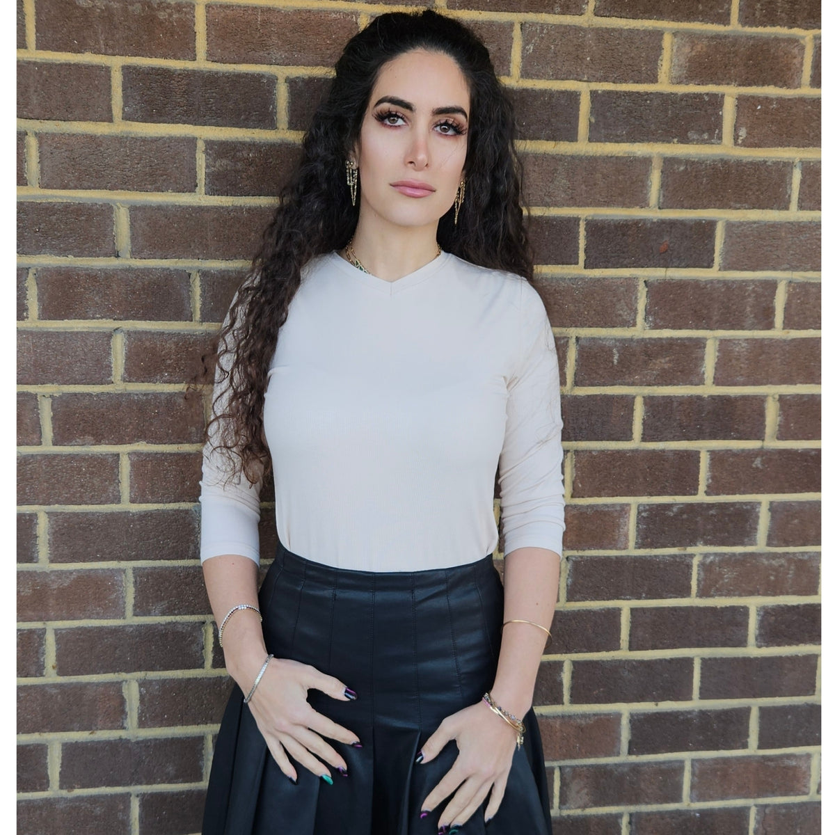 Ivory V Neck Microribbed Tshirt