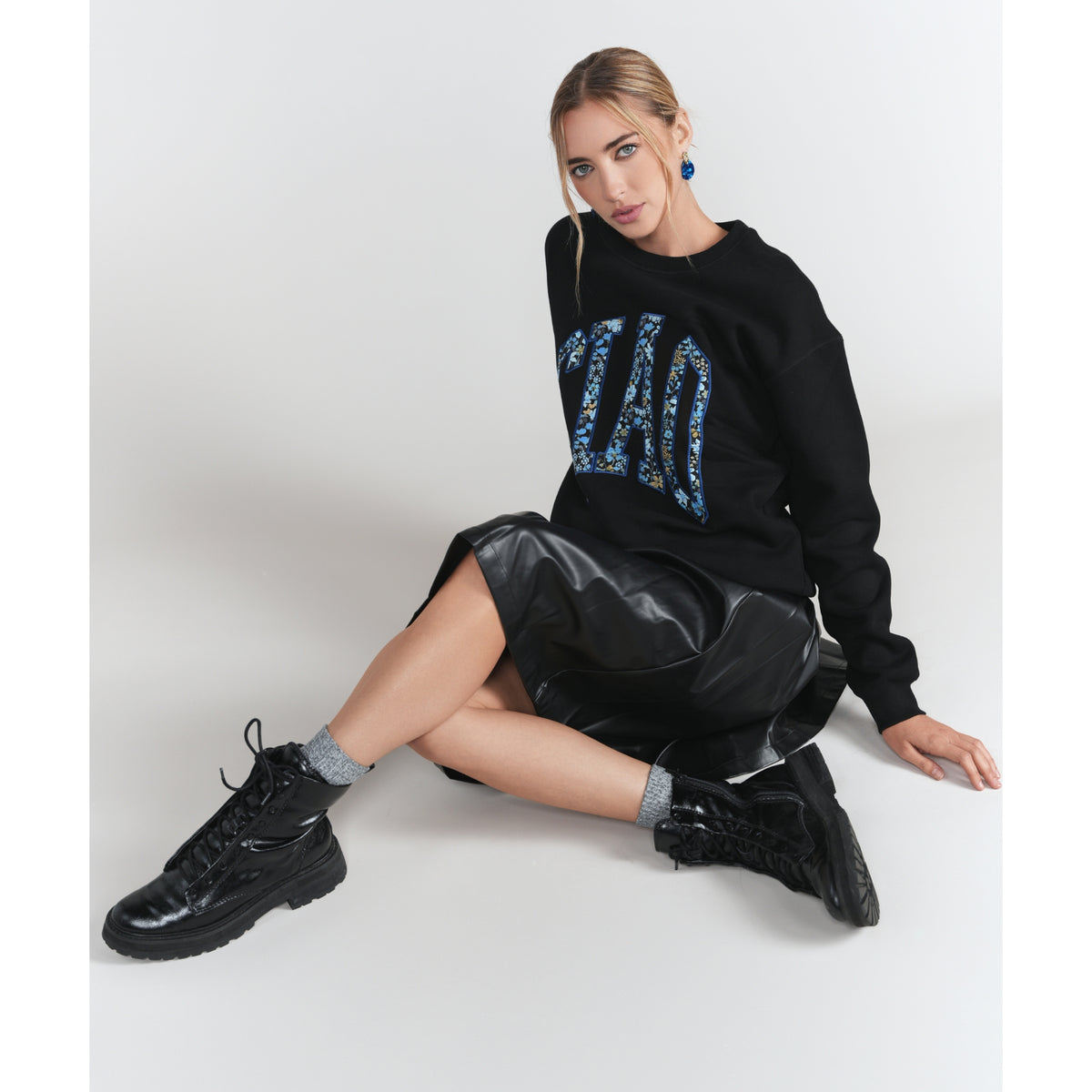 Black Drop Waist Leather Pleated Skirt Adina LV