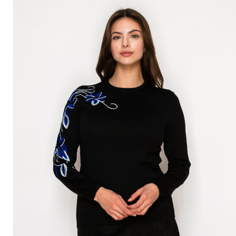 Black Embroidered Flower Sleeve Sweater