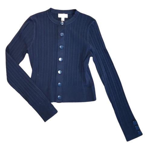 Navy Rib Knit Cardigan With Snap Placket