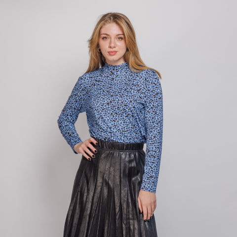 Blue Soft Print Mock Neck