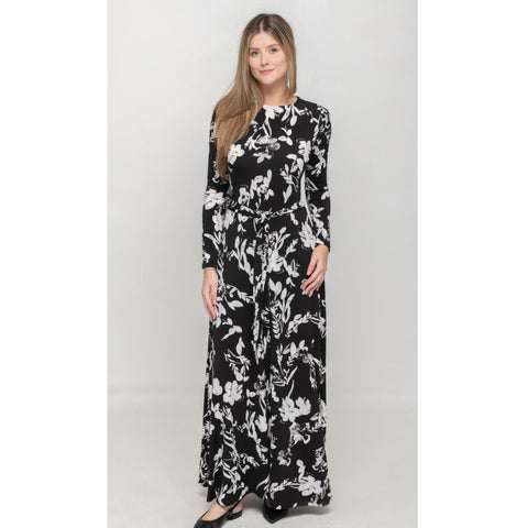 Black & White Classy Flowers Belted Maxi