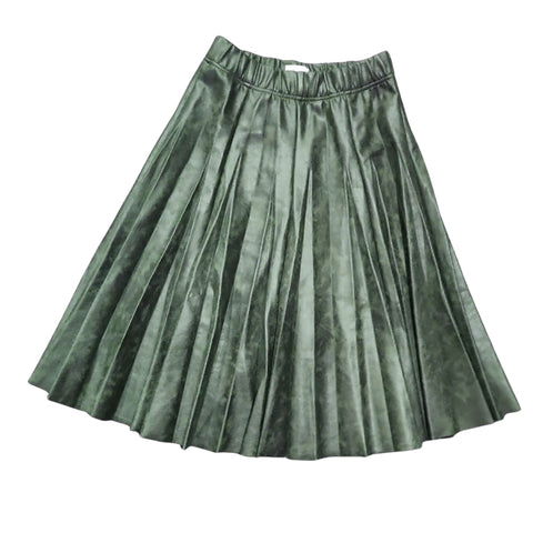 Olive Messy Pleated Crackle Leather Skirt 25"