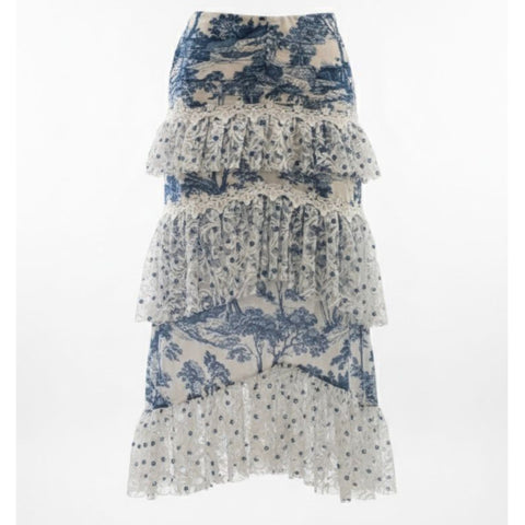 High Low Blue Toile Lace Skirt Nina