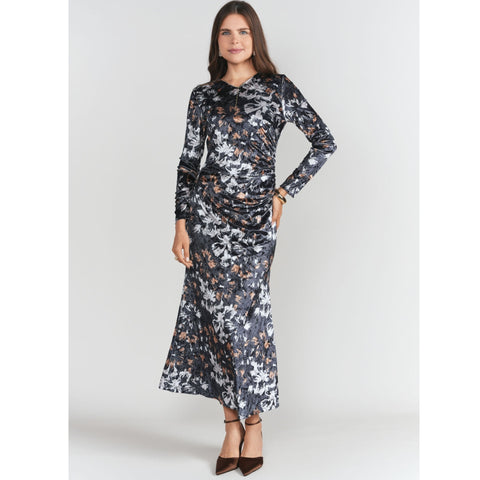 Side Ruched Velvet Dress Brown & Black Floral
