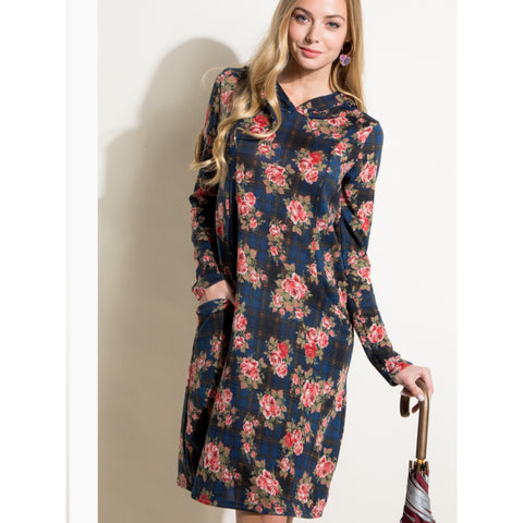 Navy Floral Checkered Hoodie Dress