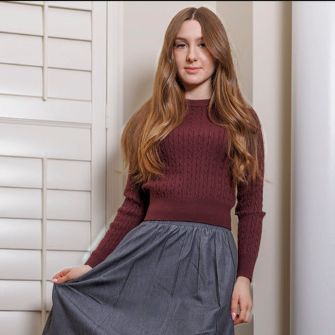 Burgundy Cable Knit Crew Neck Sweater Lilac Teen