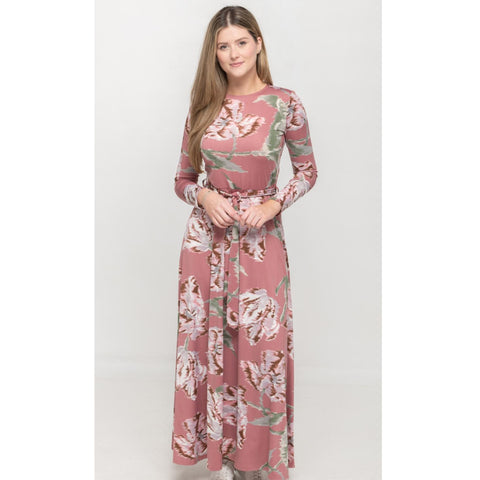Mauve Floral Print Belted Maxi - The Mimi Boutique