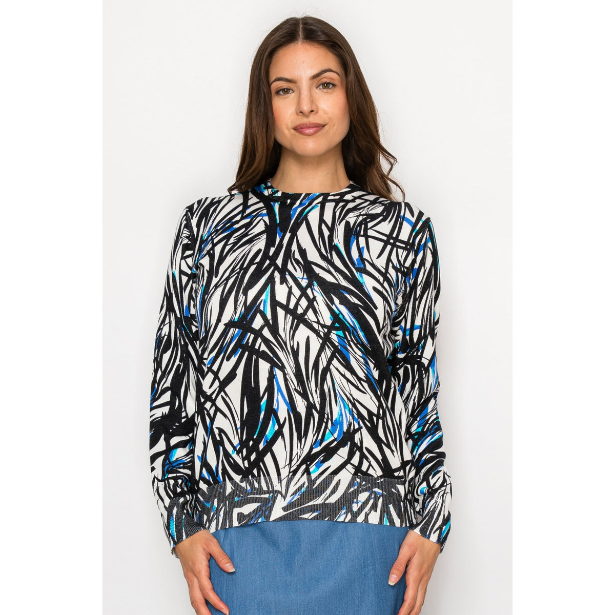 Blue & Black Grass Print Sweater Yal
