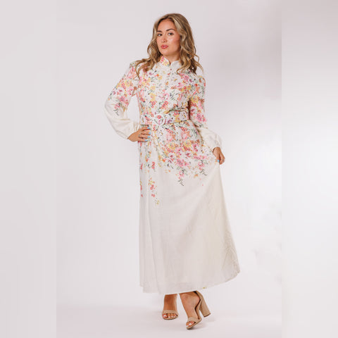 Cream Multi Linen Belted Dress - The Mimi Boutique