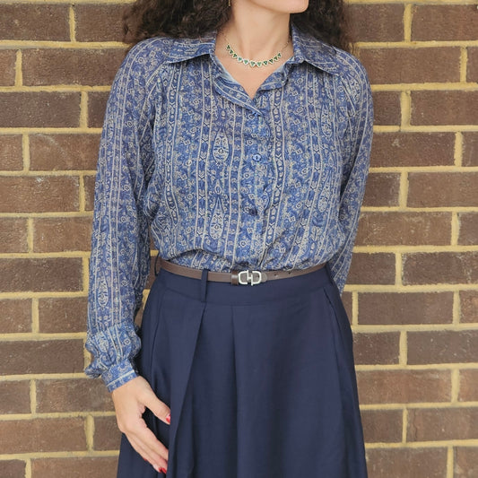 Navy Lurex Printed Blouse Raglan Sleeves