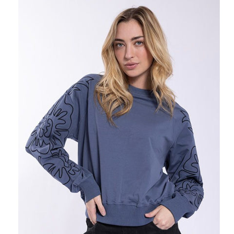 Blue Embroidered Floral Sleeve Sweatshirt