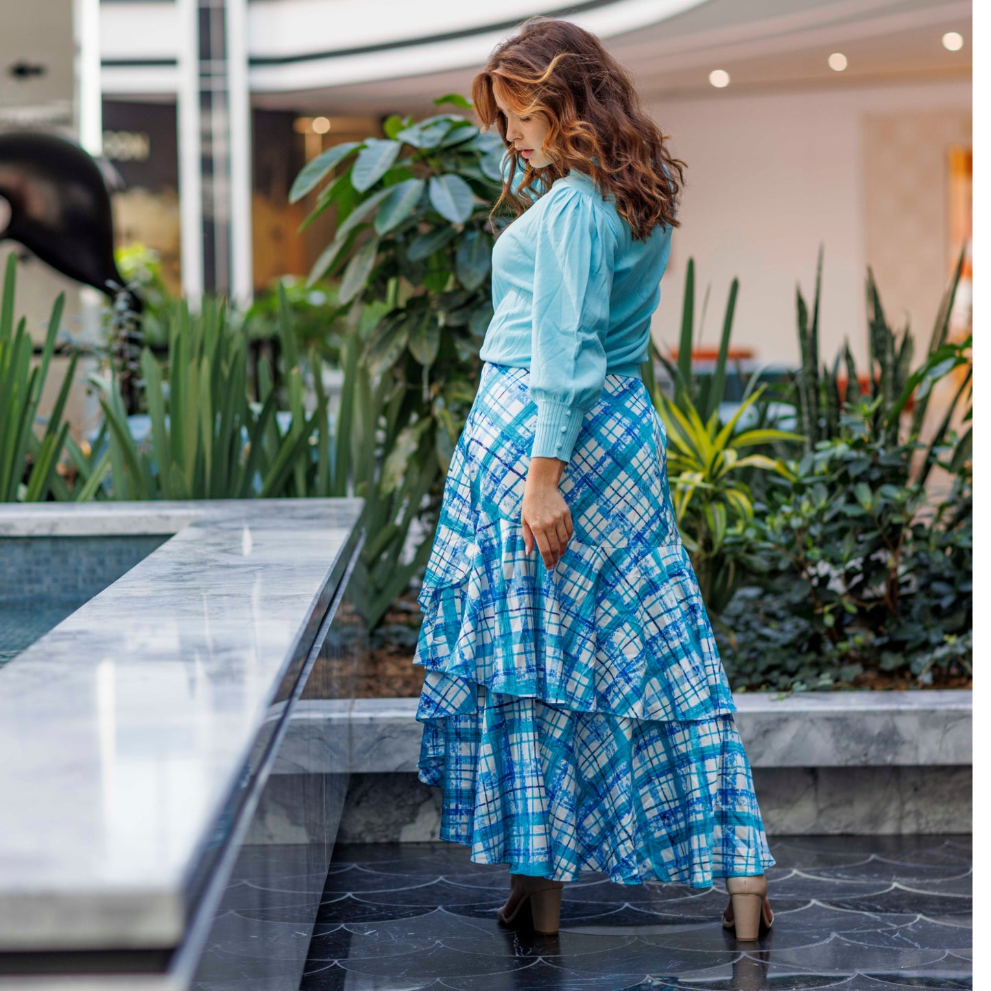 Plaid Ruffle Skirt Ivory/Aqua