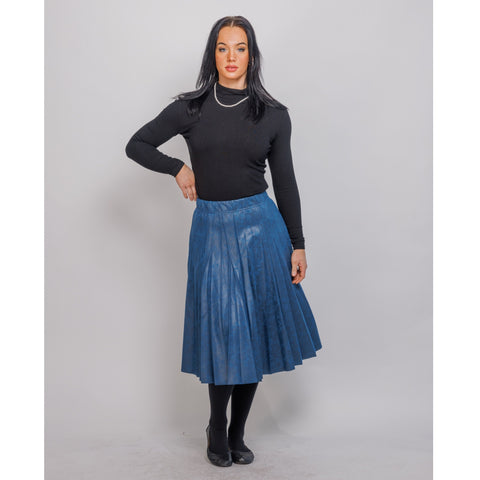 Blue Messy Pleated Crackle Leather  Skirt 25"