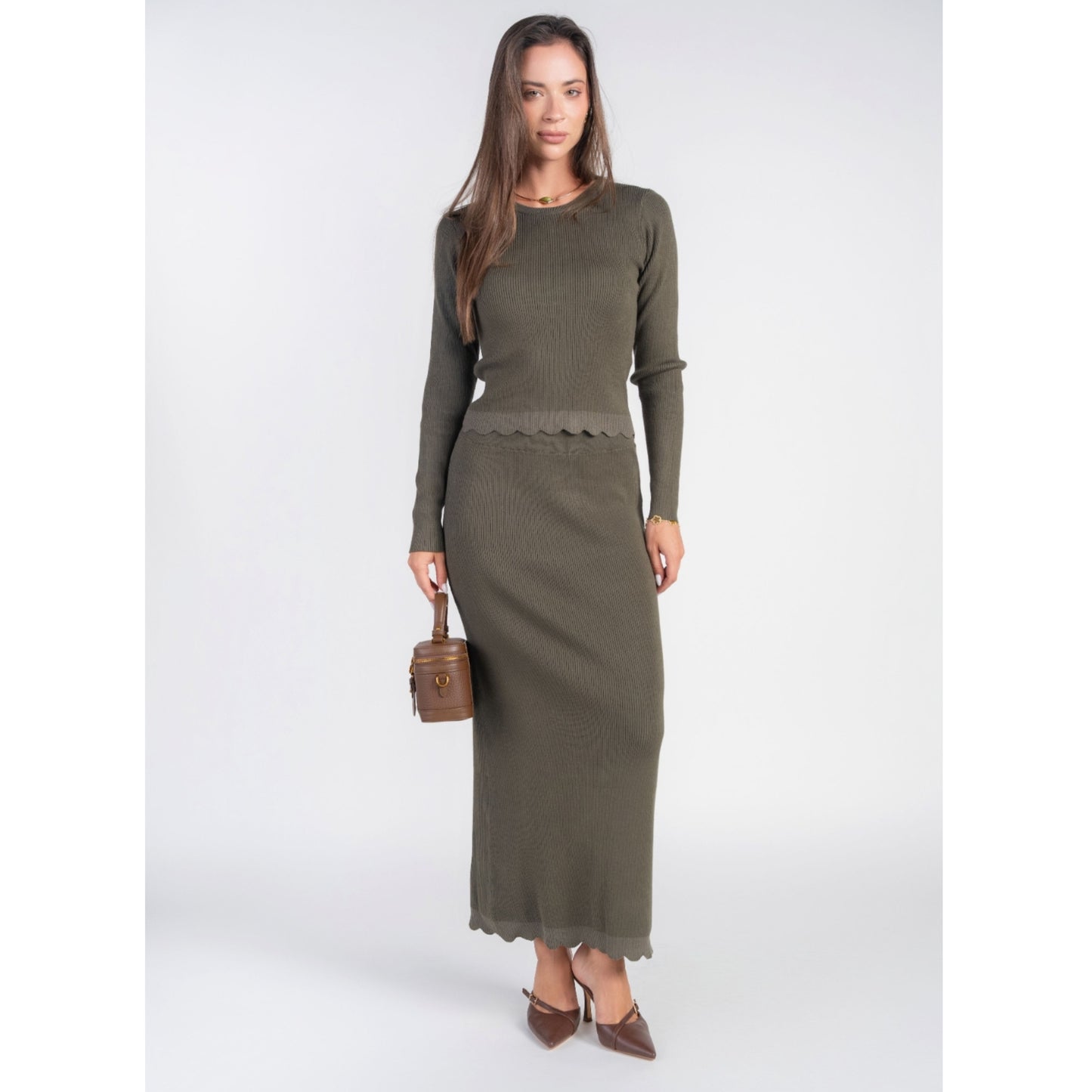 Scalloped Knit Skirt Olive
