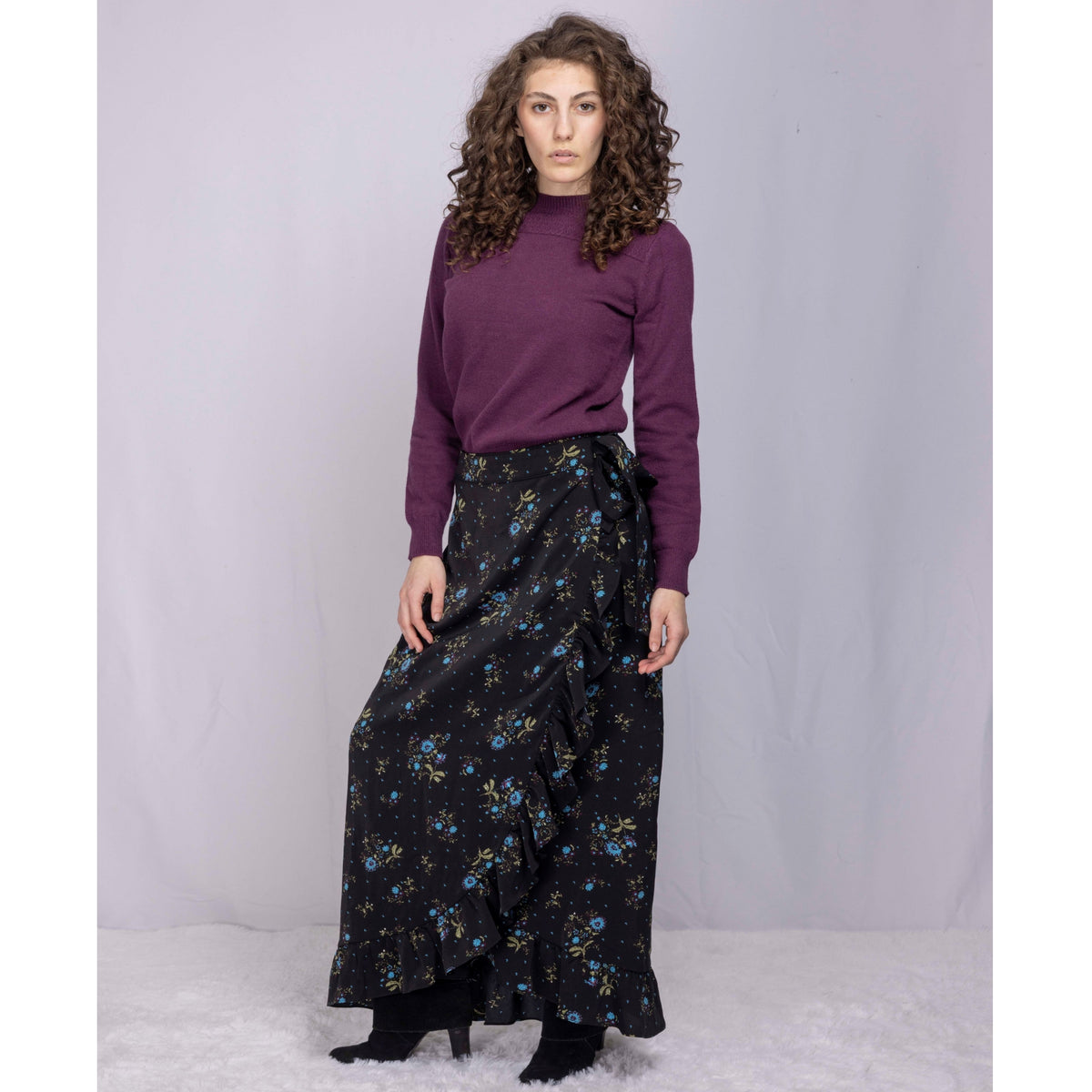 Mock Wrap Ruffle Trim Floral Skirt