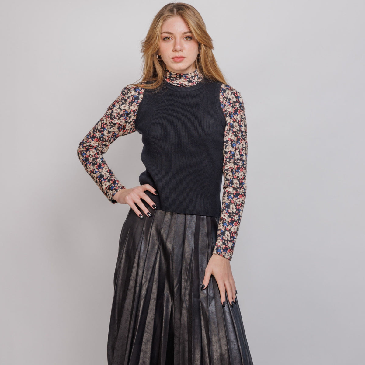Black Messy Pleated Crackle Leather Skirt 25" - The Mimi Boutique