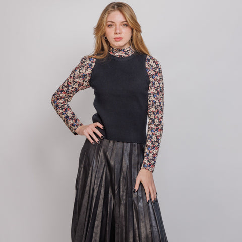 Black Messy Pleated Crackle Leather Skirt 25"