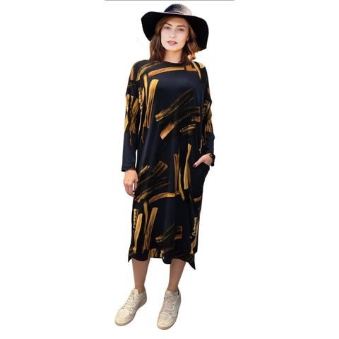 Navy & Golden Paint Stroke Dolman Dress