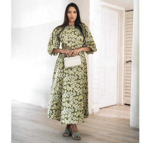 Green Floral Balloon Sleeve Dress