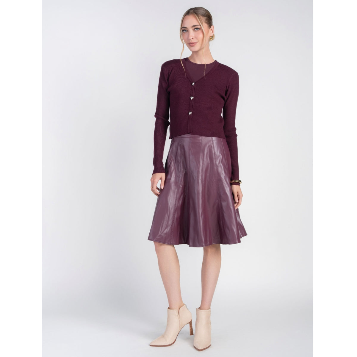Eggplant V-Neck Cardi With Heart Buttons
